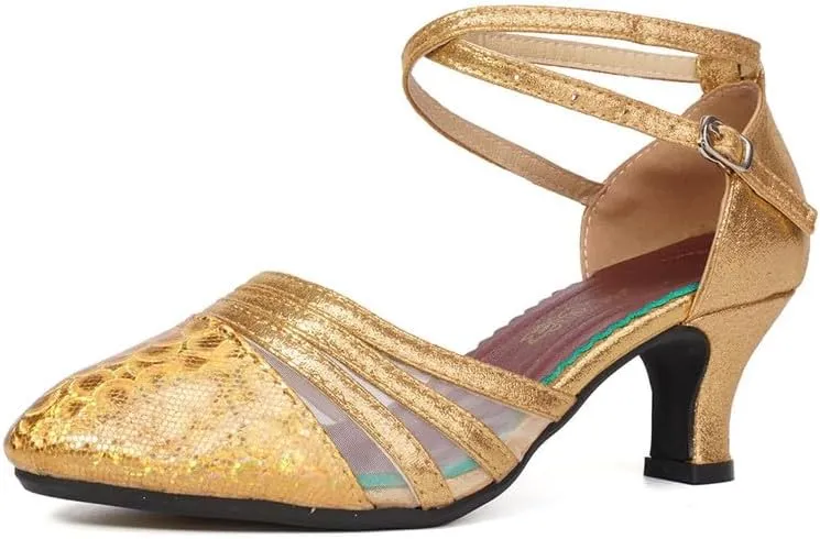 TINRYMX Women's Ankle Strap Closed Toe Glitter Latin Salsa Tango Dance Shoes Party Ballroom Dance Shoes DY302