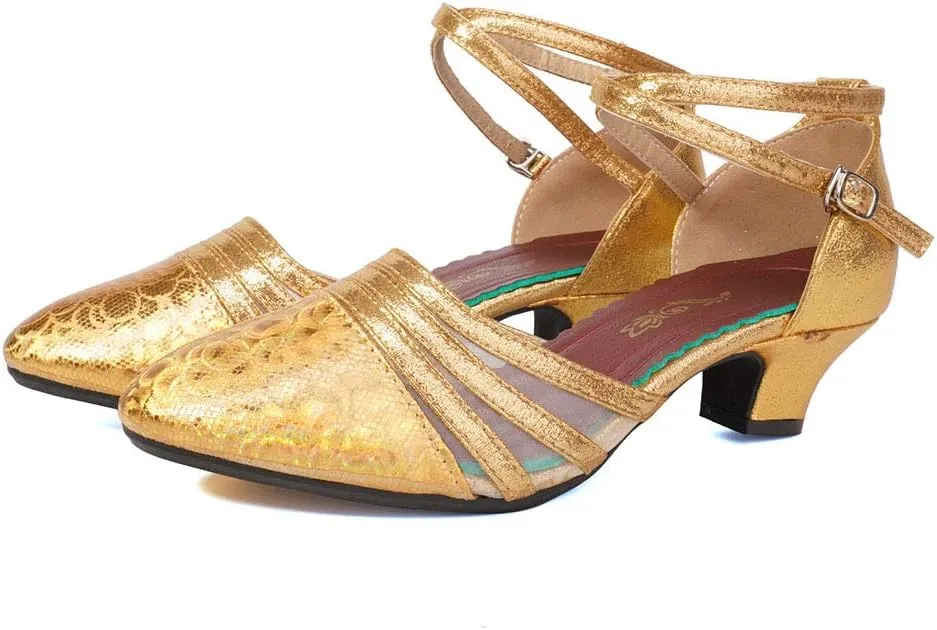 TINRYMX Women's Ankle Strap Closed Toe Glitter Latin Salsa Tango Dance Shoes Party Ballroom Dance Shoes DY302