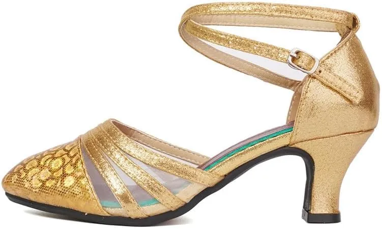 TINRYMX Women's Ankle Strap Closed Toe Glitter Latin Salsa Tango Dance Shoes Party Ballroom Dance Shoes DY302