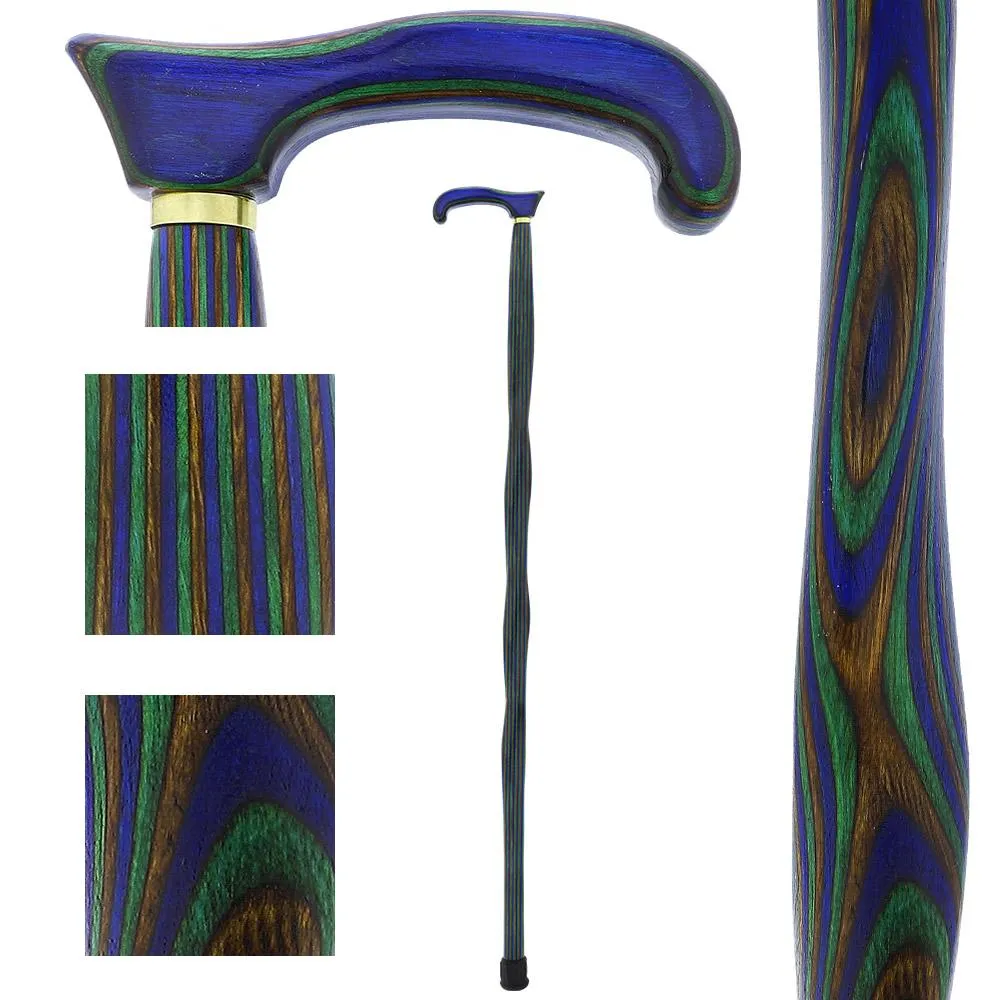 USA-Made Twisted Design Cane: Green, Blue & Brown Colorwood