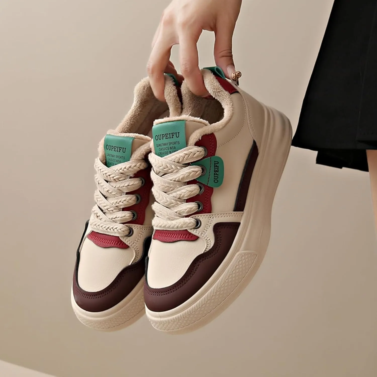 Womens Fashion Lace-Up Leather Fur Lining Platform Sneakers Round Toe Non-Slip Chunky Casual Sport Shoes for Walking Workout Driving