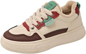 Womens Fashion Lace-Up Leather Fur Lining Platform Sneakers Round Toe Non-Slip Chunky Casual Sport Shoes for Walking Workout Driving
