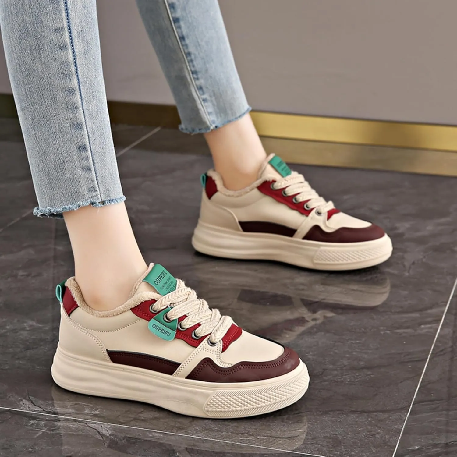 Womens Fashion Lace-Up Leather Fur Lining Platform Sneakers Round Toe Non-Slip Chunky Casual Sport Shoes for Walking Workout Driving