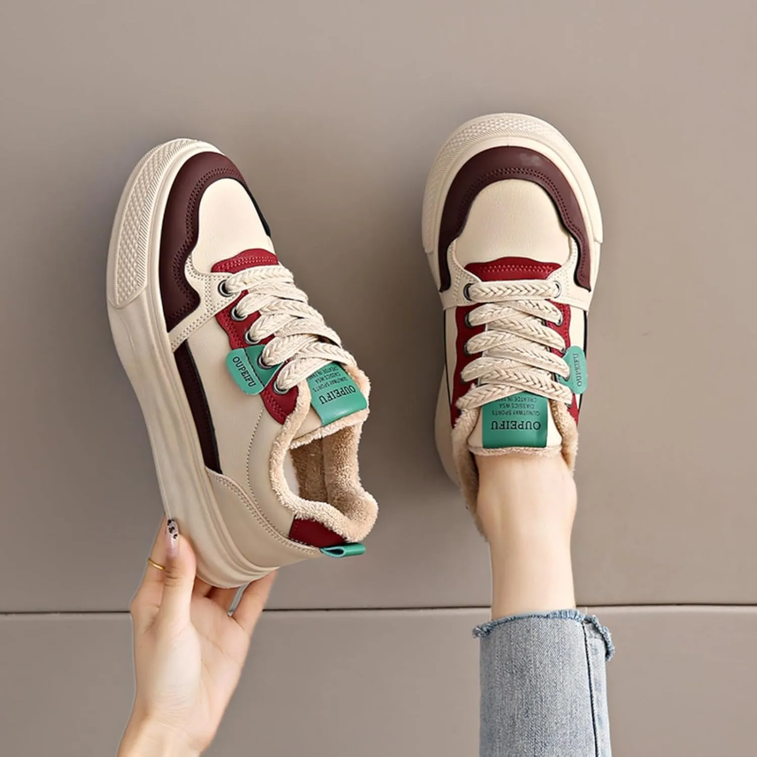 Womens Fashion Lace-Up Leather Fur Lining Platform Sneakers Round Toe Non-Slip Chunky Casual Sport Shoes for Walking Workout Driving