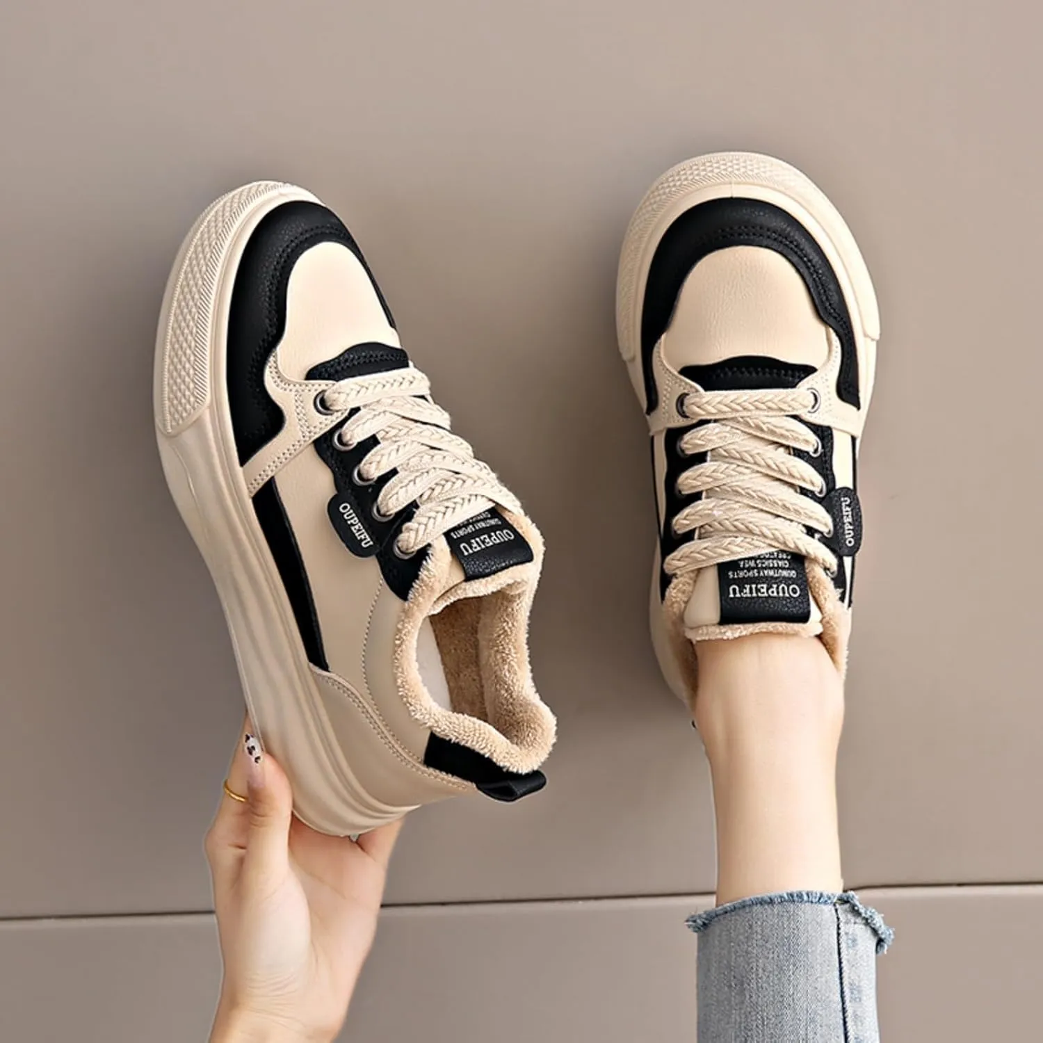 Womens Fashion Lace-Up Leather Fur Lining Platform Sneakers Round Toe Non-Slip Chunky Casual Sport Shoes for Walking Workout Driving