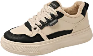 Womens Fashion Lace-Up Leather Fur Lining Platform Sneakers Round Toe Non-Slip Chunky Casual Sport Shoes for Walking Workout Driving