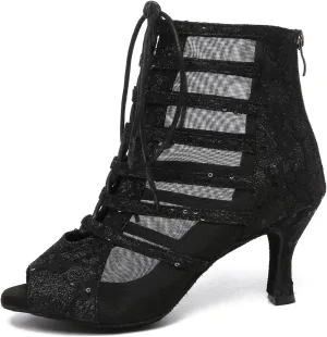 Women's Latin Dance Shoes Mesh Lace up Ankle Dance Booties Peep Toe Dance Heels