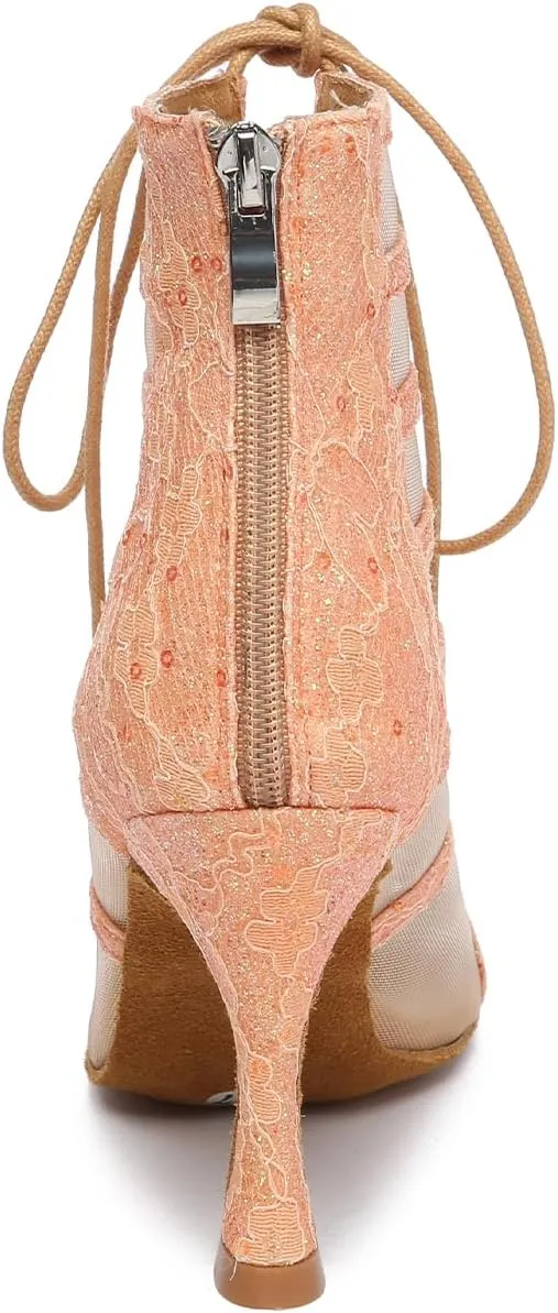 Women's Latin Dance Shoes Mesh Lace up Ankle Dance Booties Peep Toe Dance Heels