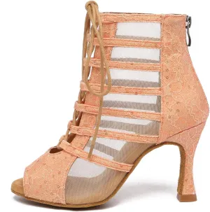 Women's Latin Dance Shoes Mesh Lace up Ankle Dance Booties Peep Toe Dance Heels