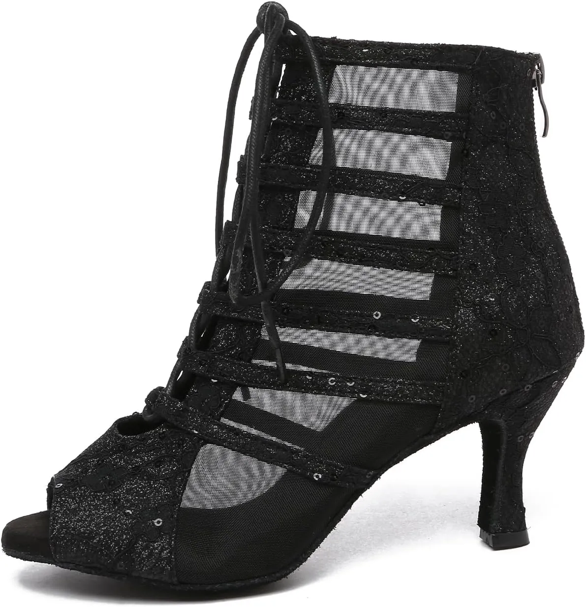 Women's Latin Dance Shoes Mesh Lace up Ankle Dance Booties Peep Toe Dance Heels