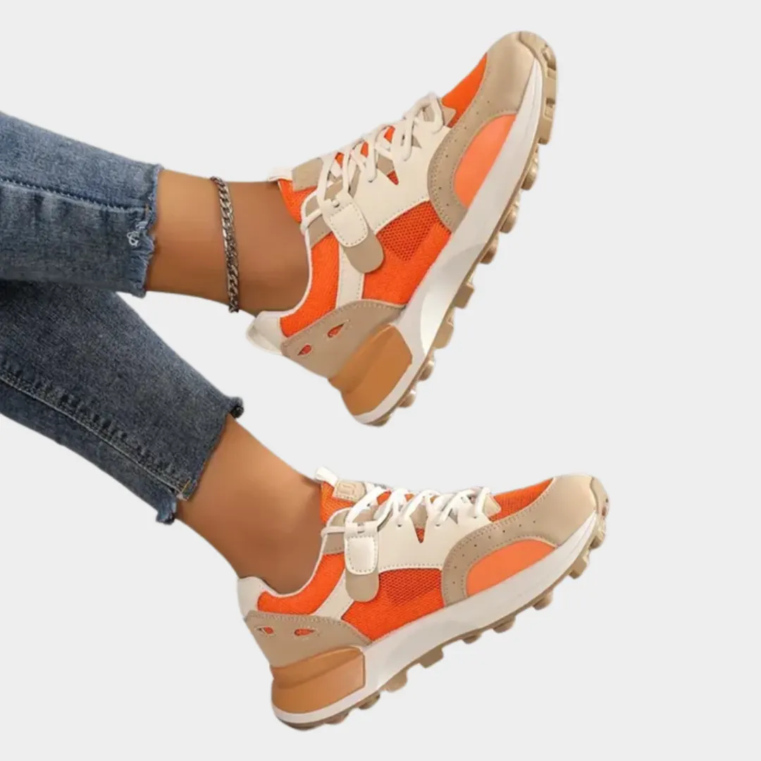 Women's Platform Sneakers  Lace-Up Trainers  Breathable Mesh  Chunky Sole  Orange