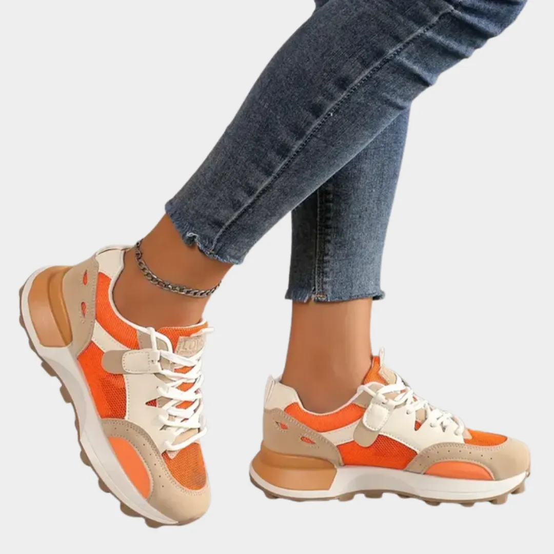Women's Platform Sneakers  Lace-Up Trainers  Breathable Mesh  Chunky Sole  Orange