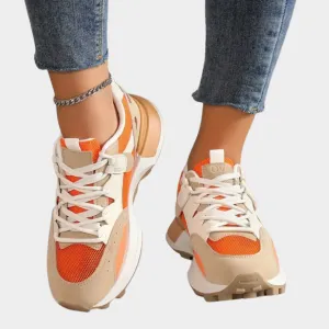 Women's Platform Sneakers  Lace-Up Trainers  Breathable Mesh  Chunky Sole  Orange