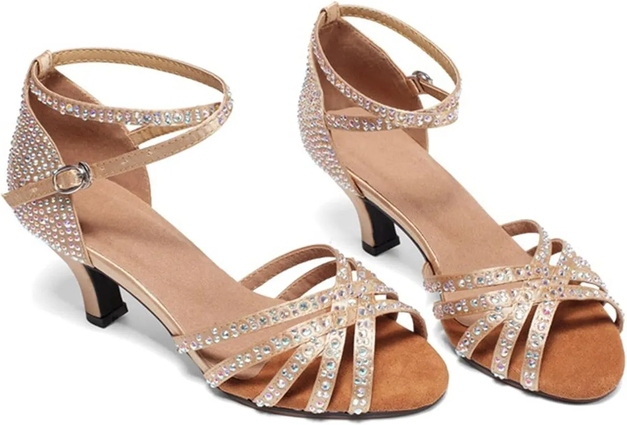 Women's Suede Sole Rhinestone Ballroom Dance Shoes, Salsa Latin Dancing Heels, for Wedding Evening Party (Color : Brown 6cm, Size : 7)