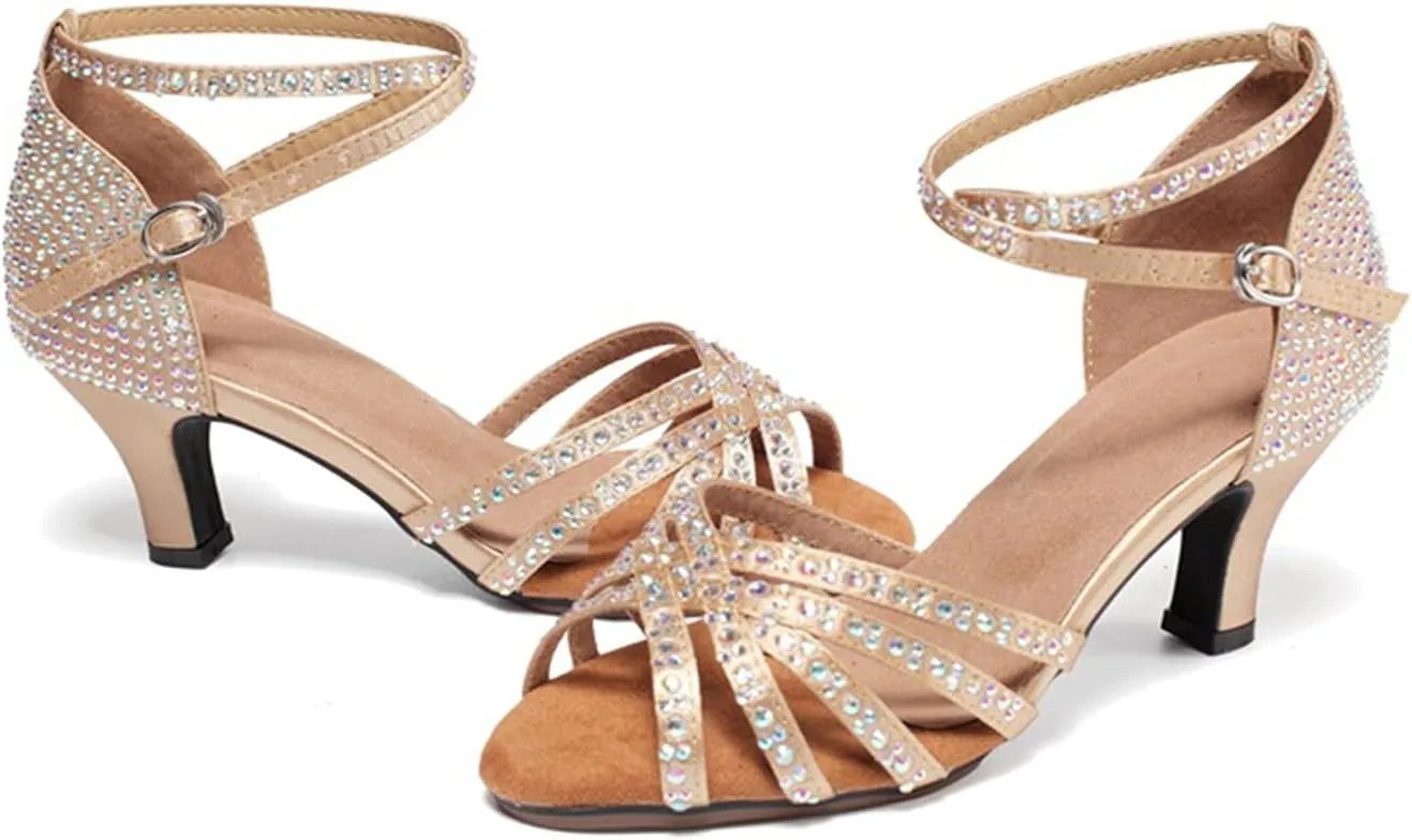Women's Suede Sole Rhinestone Ballroom Dance Shoes, Salsa Latin Dancing Heels, for Wedding Evening Party (Color : Brown 6cm, Size : 7)