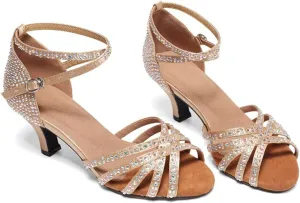 Women's Suede Sole Rhinestone Ballroom Dance Shoes, Salsa Latin Dancing Heels, for Wedding Evening Party (Color : Brown 6cm, Size : 7)