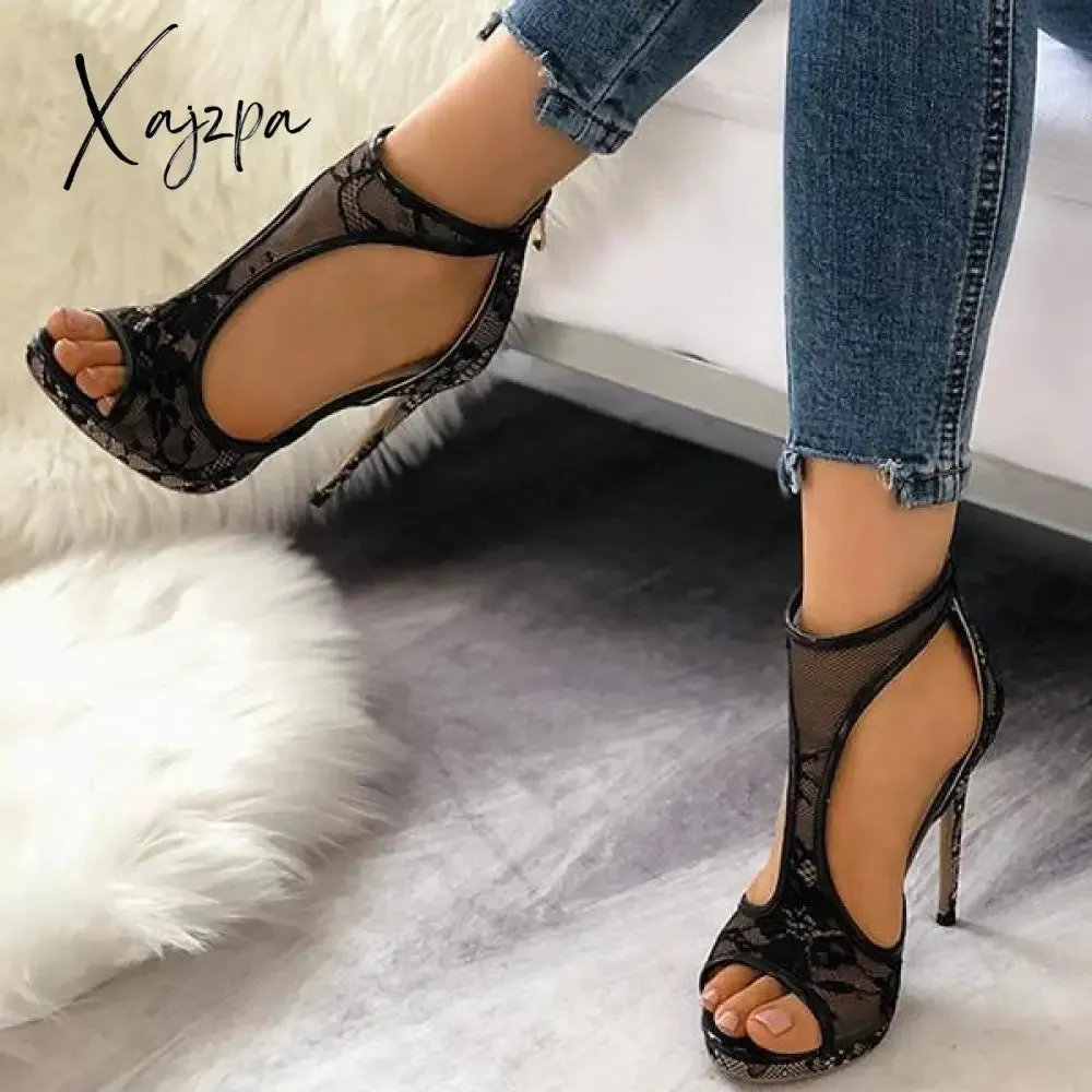 Xajzpa - Women Wedding Heels Lace Party Heels Open Toe Cutout Thin Heel Sandals