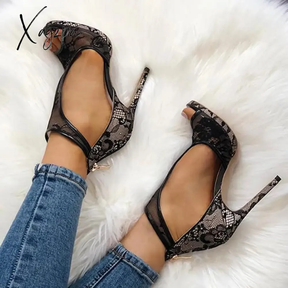 Xajzpa - Women Wedding Heels Lace Party Heels Open Toe Cutout Thin Heel Sandals